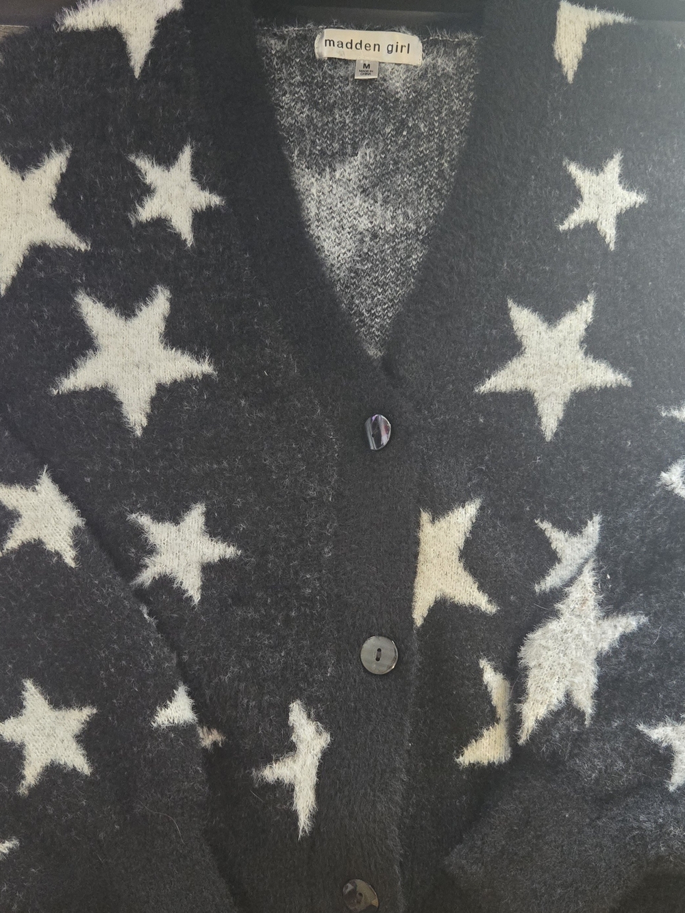 madden girl Men's Black Star Pattern Cardigan Sweater